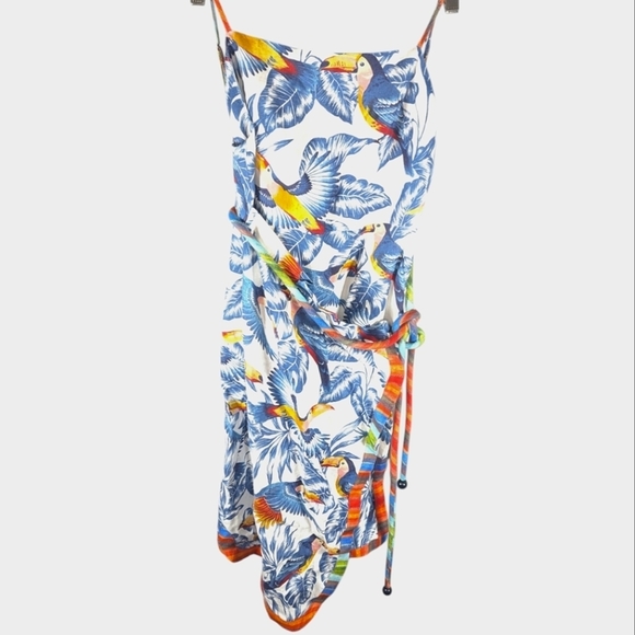 Farm Rio tropical parrot bird safari flying toucans open back dress womans small - Picture 4 of 8
